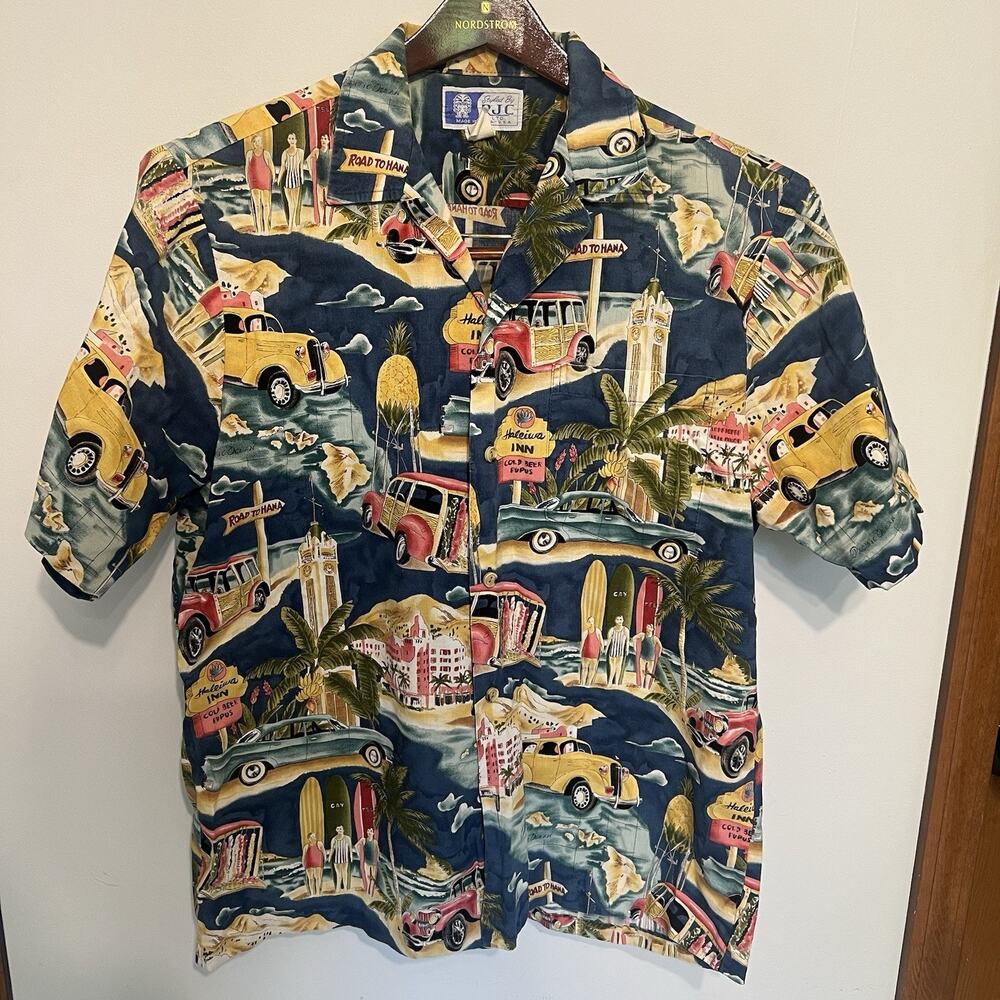 Vintage 90s RJC Hawaii Aloha Shirt Road To Hana Scenic Print Made USA Mens L